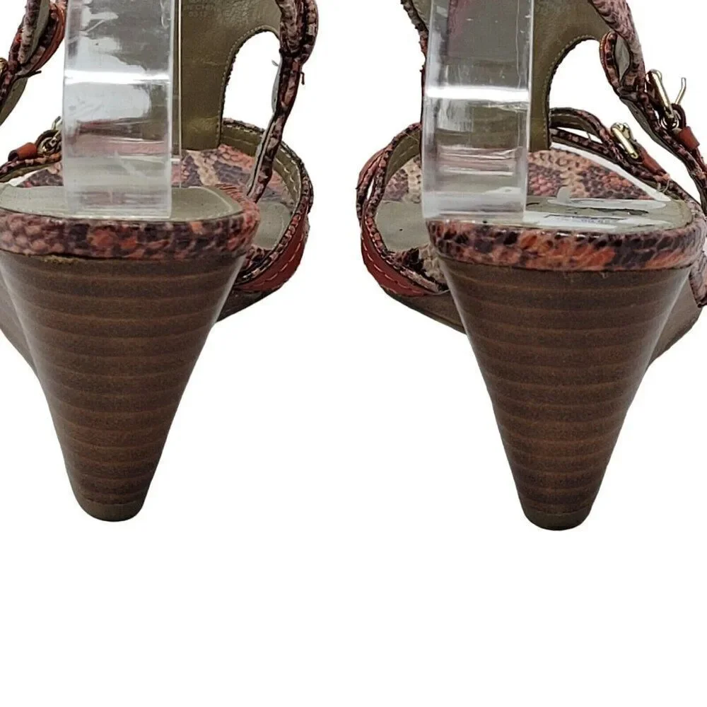 Bandolino Vegan Faux‎ Leather Strappy Wedge Sandals 10 Pink Coral Snake Embossed